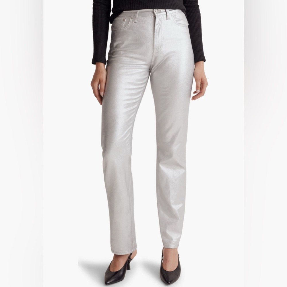 NWT! MADEWELL The '90s Straight Jeans Iridescent Silver Foil Sz 28 MSRP $148